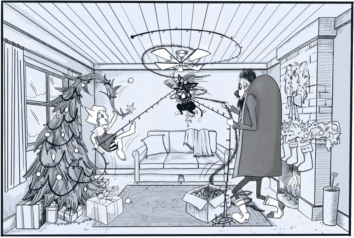 Black and white drawing, single panel cartoon