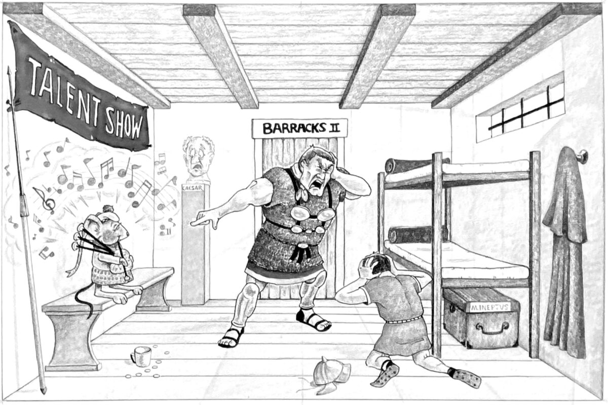 Black and white drawing, single panel cartoon