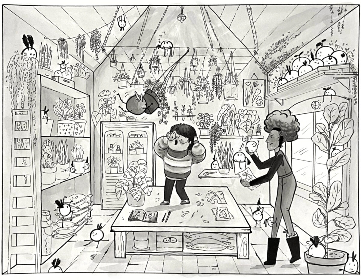 Black and white drawing, single panel cartoon