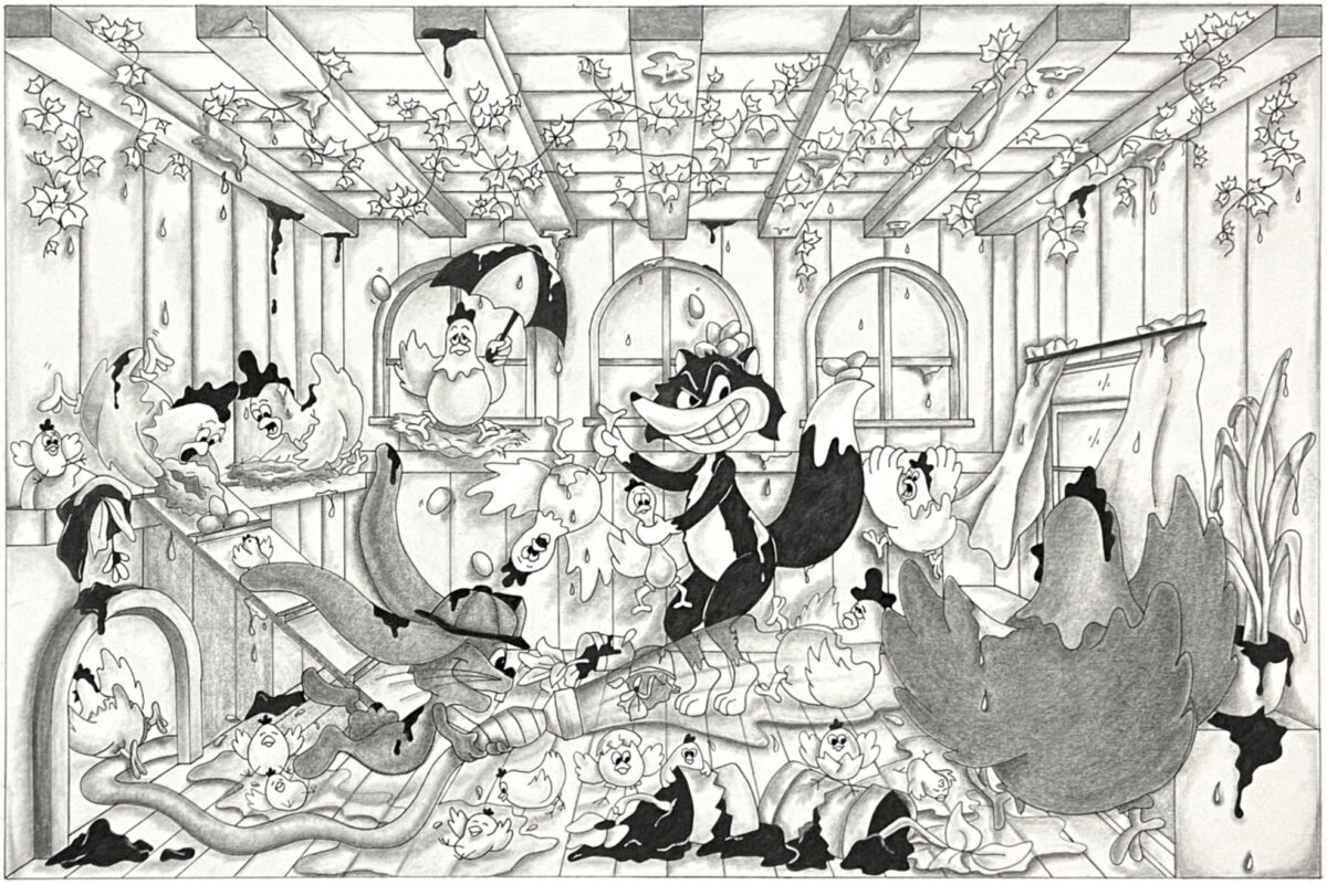 Black and white drawing, single panel cartoon
