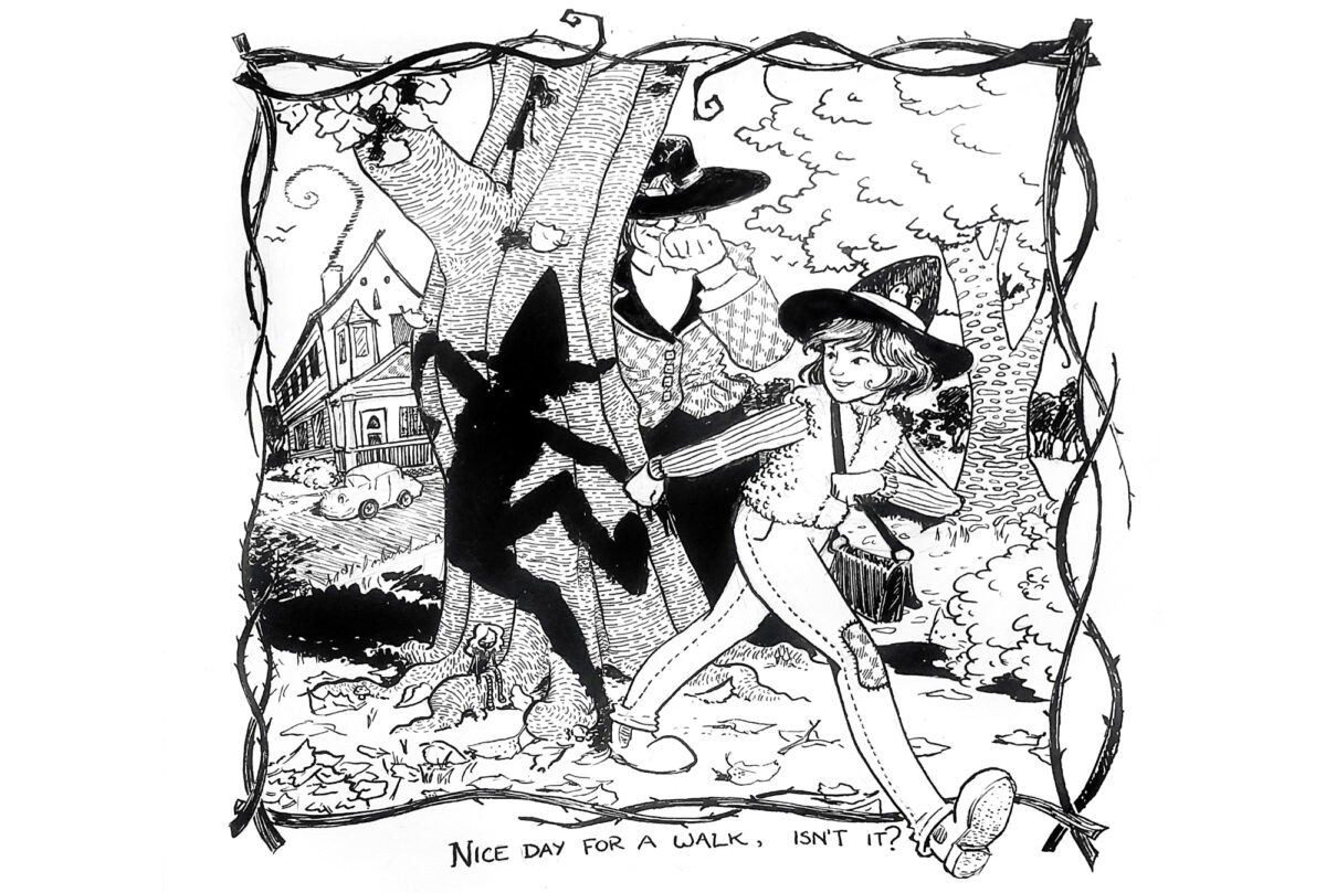 Black and white drawing, single panel cartoon