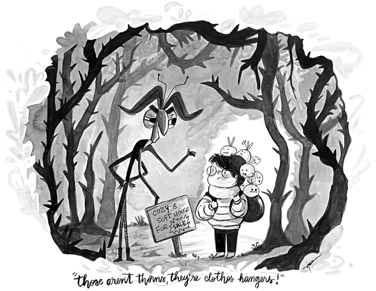 Black and white drawing, single panel cartoon