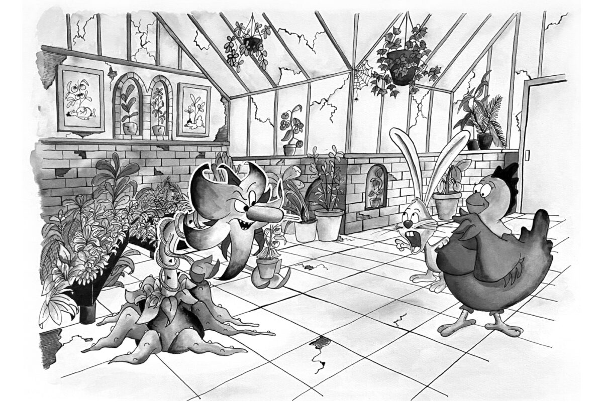 Black and white drawing, single panel cartoon