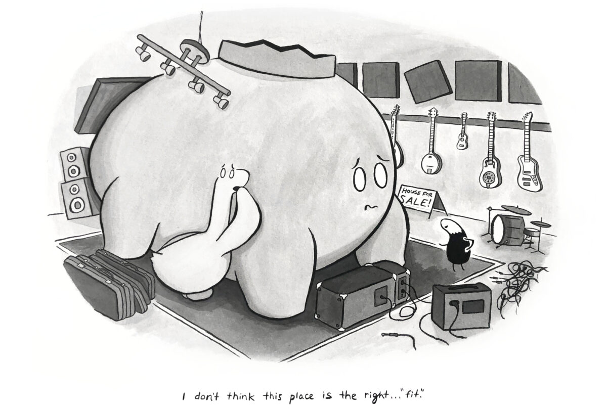 Black and white drawing, single panel cartoon