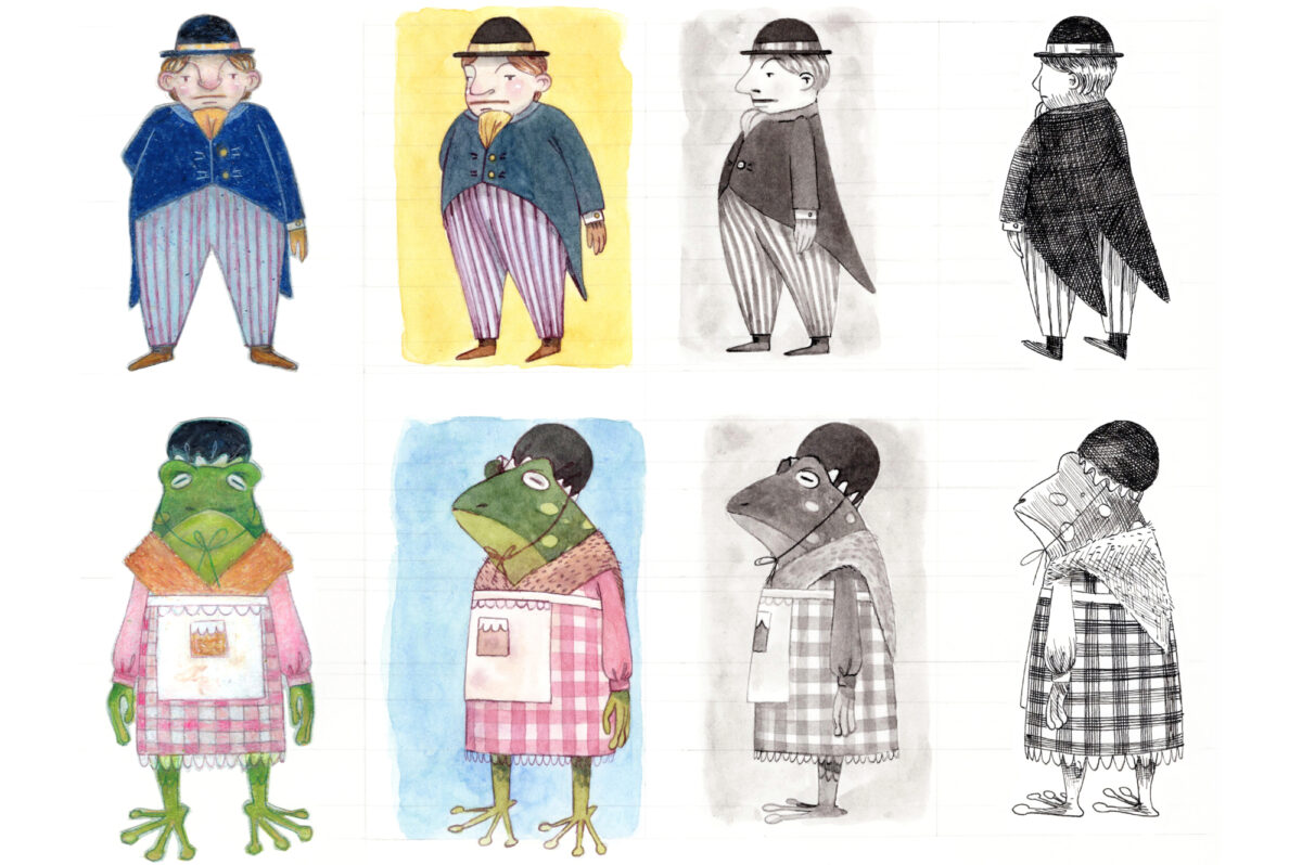 Children's book character design model sheet for The Wind in the Willows
