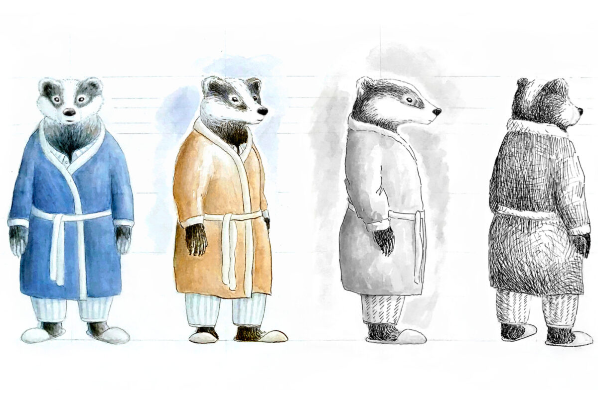Children's book character design model sheet for The Wind in the Willows