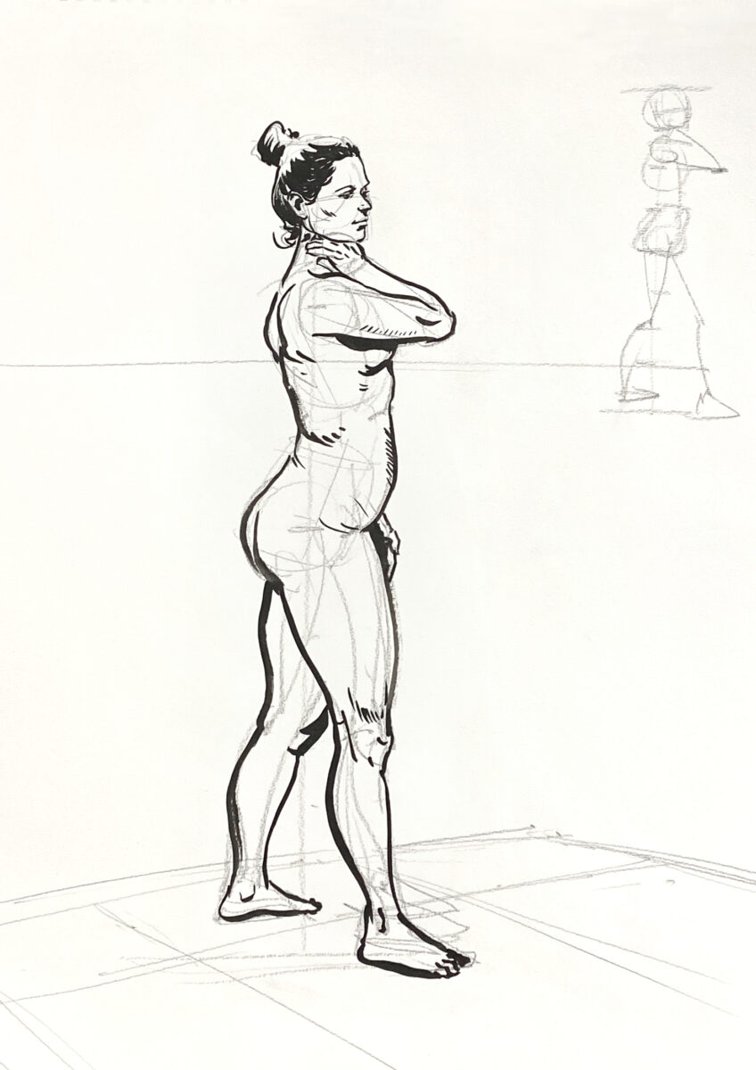 Life drawing of a standing figure in India ink