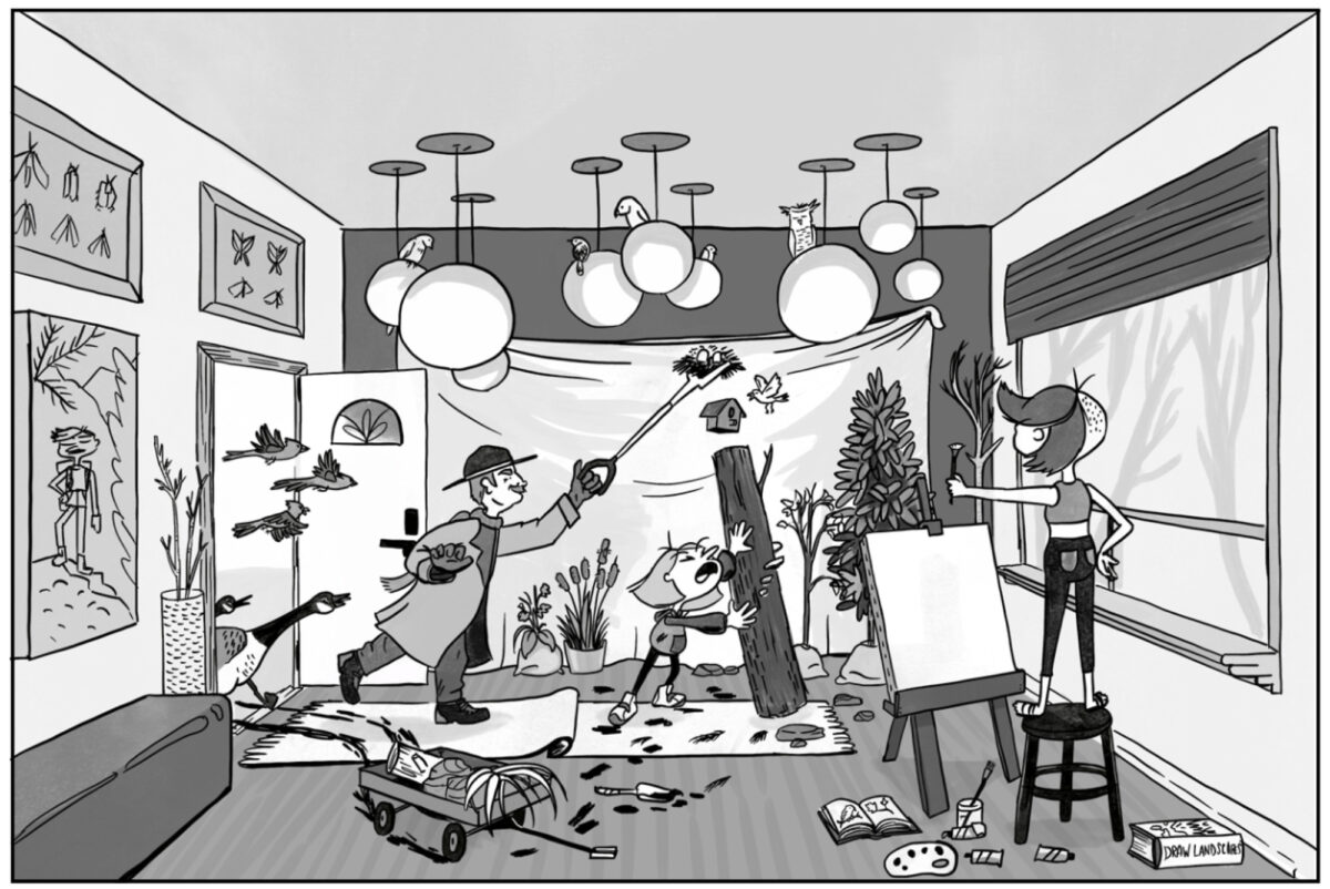 Black and white drawing, single panel cartoon