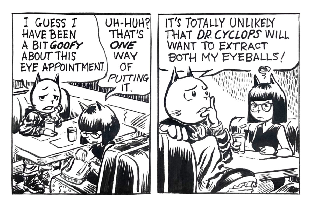 Two-panel excerpt from a black and white comic strip by instructor, Anthony Harrison