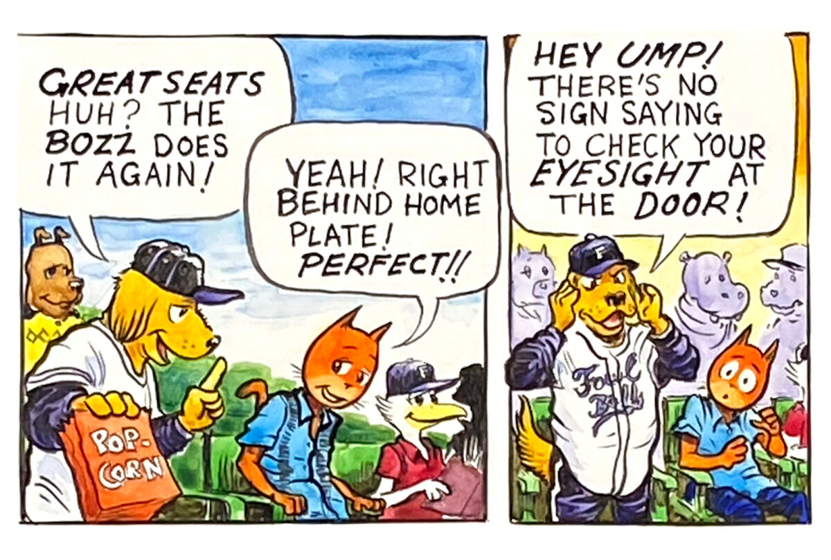 Two-panel excerpt from a colour comic strip by instructor, Anthony Harrison