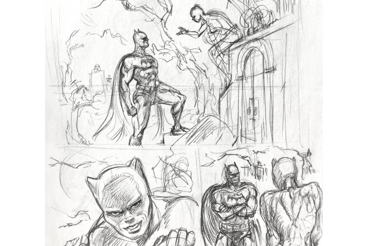 Comics page sketch in pencil