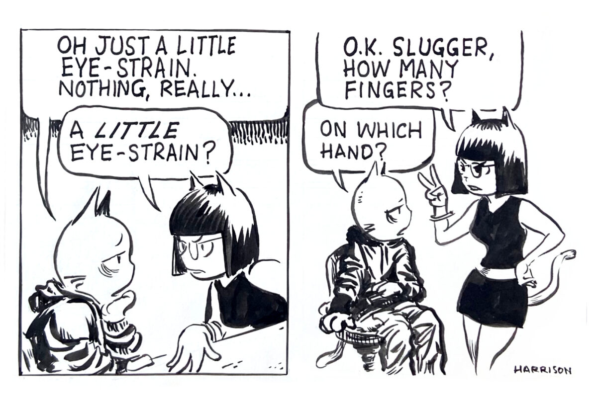 Two-panel excerpt from a black and white comic strip by instructor, Anthony Harrison