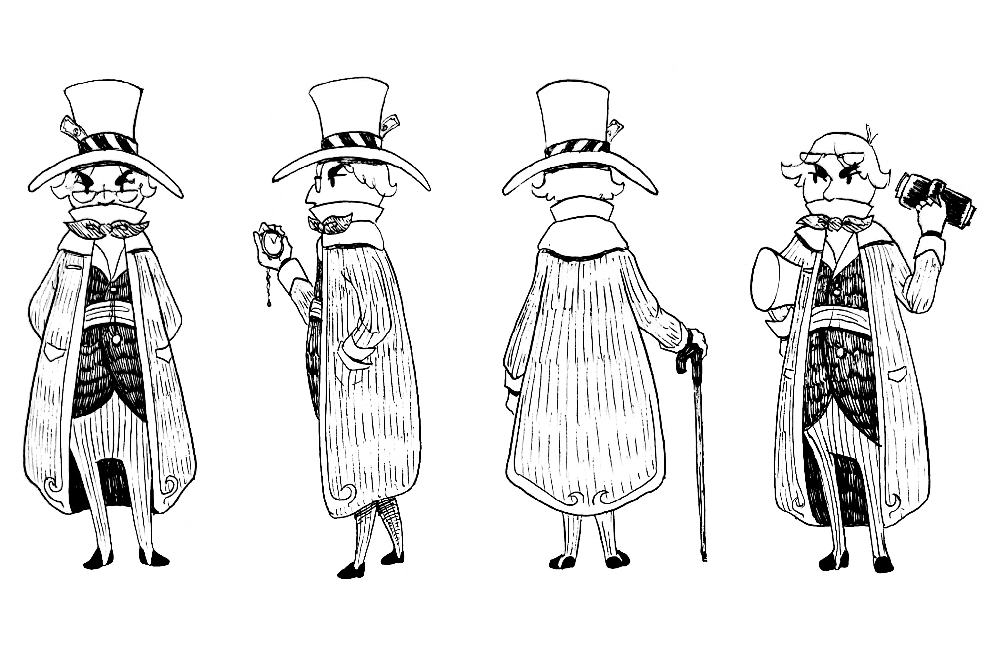 Character design drawings using pen and ink