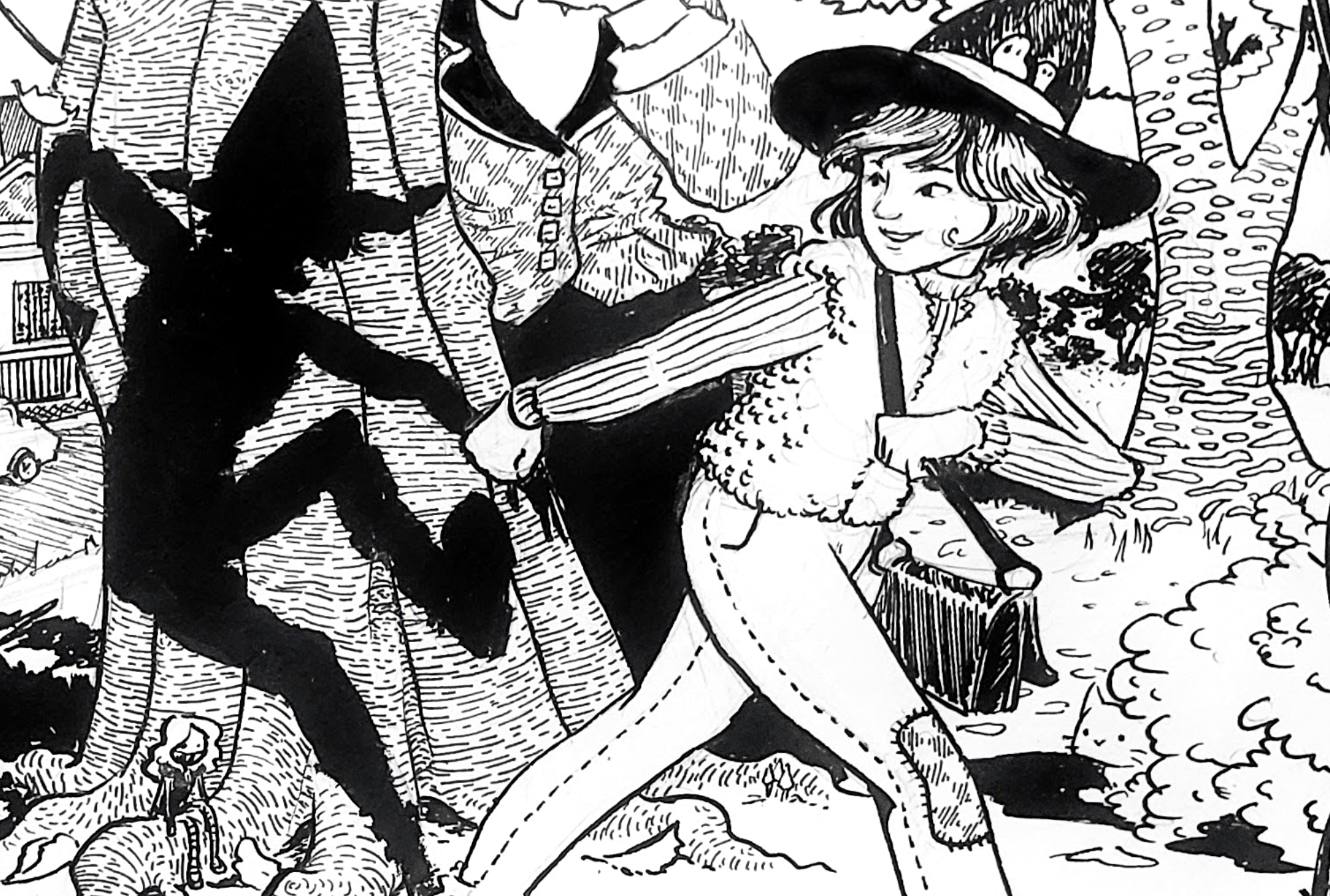 Cartooning Level 3 student black and white ink drawing